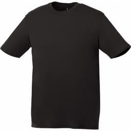 A black short sleeve tech tee for men with a simple design and a small logo on the front.