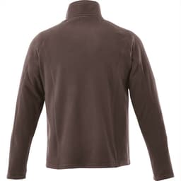 A brown men's polar fleece jacket with a high collar and long sleeves, featuring a logo on the back.