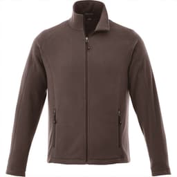 A brown polar fleece jacket with a zip front and two side pockets, featuring a logo on the chest.