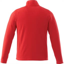 A red men's polyfleece jacket with a high collar, featuring a branding logo on the back.