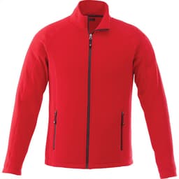 A red polar fleece jacket with a zip front, featuring two side pockets and a collar. It has a logo branding.