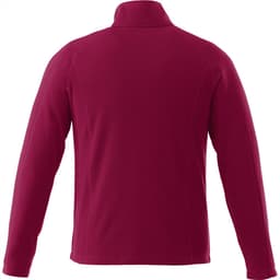 A maroon men's polar fleece jacket with a high collar and long sleeves, featuring a logo on the back.