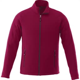 A men's polyfleece jacket in a rich burgundy colour with a zip front and two side pockets. Features a logo.