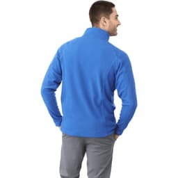 A blue men's polar fleece jacket with a high collar, featuring a logo on the back.