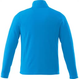 A men's polyfleece jacket in bright blue with a high collar and long sleeves, featuring a logo on the back.