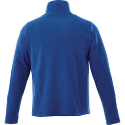 A blue polar fleece jacket with a high collar and long sleeves, featuring a logo on the back.