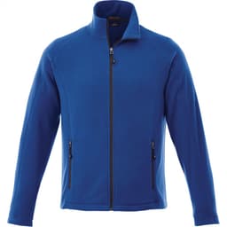A blue polar fleece jacket with a zip front and two side pockets, featuring a logo on the chest.