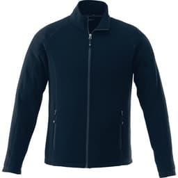 A men's polyfleece jacket in navy blue with a zippered front and side pockets. Features a logo on the chest.