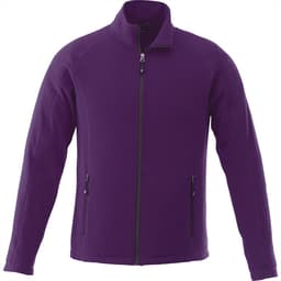 A purple polar fleece jacket with a zip front and two side pockets. It features a branding logo.