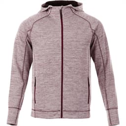 A maroon and grey zip-up hoodie with a hood and side pockets, featuring a logo on the front.