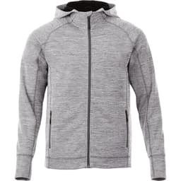 A grey zip-up hoodie featuring a hood and zippered pockets, designed for men's wear.