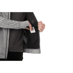A grey men's knit zip hoodie featuring an inner pocket, held open by a hand. The fabric appears soft and comfortable.