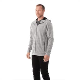 A men's zip-up hoodie in grey with a hood and side pockets, featuring a logo.
