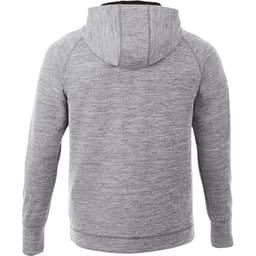 A grey knitted zip hoodie for men featuring a hood and a simple design. It includes a logo on the garment.