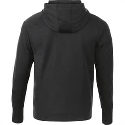 A black men's hoodie with a zip and a hood, featuring a logo on the back.