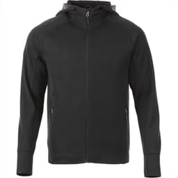 A black hooded zip jumper featuring a logo, designed for men with side pockets.