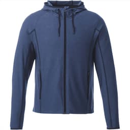 A blue men's knit jacket with a hood, featuring zippered pockets and a branded logo.