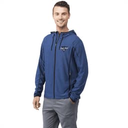 A men's Kaiser Knit Jacket in blue, featuring a hood and a logo, displayed on a model.
