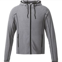 A grey knit jacket with a hood, featuring zippered pockets and a logo.
