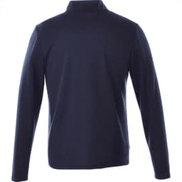 A navy blue men's knit quarter zip jumper with long sleeves and a collar, featuring a branding logo.