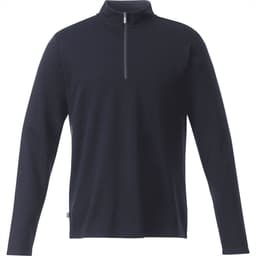 A navy quarter zip jumper with long sleeves, featuring a subtle logo on the side.