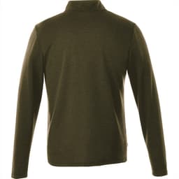 A men's quarter zip sweater in dark green with long sleeves, featuring a back view. It has a logo detail.