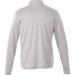 A grey knit quarter zip jumper for men, featuring a smooth fabric and long sleeves. It has a logo on the back.