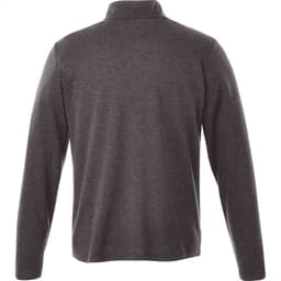 A men's quarter zip jumper in dark grey with long sleeves and a collar, featuring a logo.