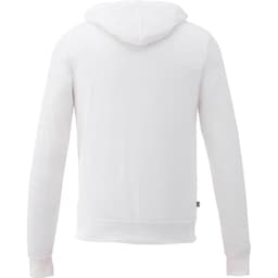 A white full zip hoodie with a hood, featuring a logo on the side. The fabric has a textured appearance.