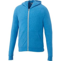 A blue full zip hoodie with a hood and front pockets, featuring a logo on the left side.