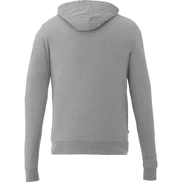 A grey men's knit full zip hoodie featuring a hood and long sleeves, with a small branding logo.
