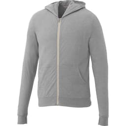 A light grey full zip hoodie featuring long sleeves and a hood, with a front pocket and a logo.