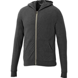A dark grey full zip hoodie with a hood and front pockets. It features a branding logo.