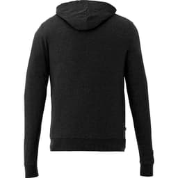 A black full zip hoodie for men, displaying the back view with a hood and long sleeves. Features a logo.
