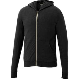 A black full zip hoody for men, featuring a hood and front pockets, with a logo.