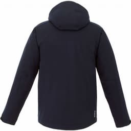 A men's Bryce insulated softshell jacket in navy, featuring a hood and a back view with a logo.