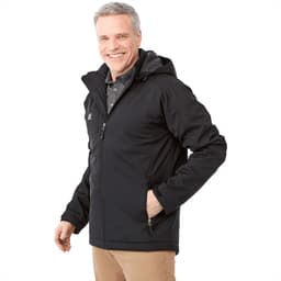 A men's black insulated softshell jacket with a hood and side pockets, featuring a logo.