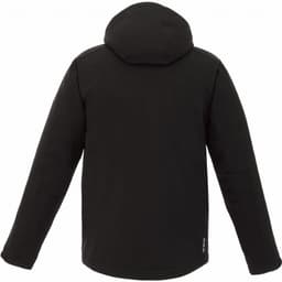 A black insulated softshell jacket for men, featuring a hood and a sleek design with a logo.