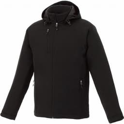 A black men's insulated softshell jacket with a hood, featuring zippered pockets and a logo.