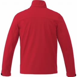 A red Maxson Softshell Jacket for men, featuring a sleek design and a logo on the back.