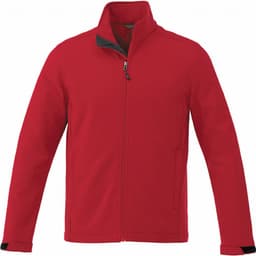 A vibrant red softshell jacket with a full zip and a black collar, featuring a logo.