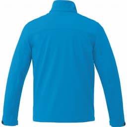 A blue softshell jacket for men, featuring a high collar and long sleeves, with a logo on the back.