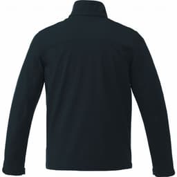 A men's softshell jacket in dark colour, featuring a sleek design and a collar. It has a branding logo.