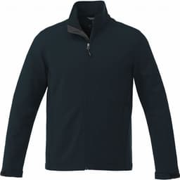 A dark navy softshell jacket for men featuring a zip front and a collar, with a simple design and logo detail.