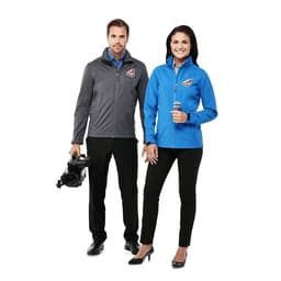 A grey and a blue softshell jacket worn by a man holding a camera and a woman holding a microphone, both with branding.