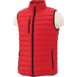 A red down vest featuring a zip front, high collar, and side pockets, displayed on a mannequin.