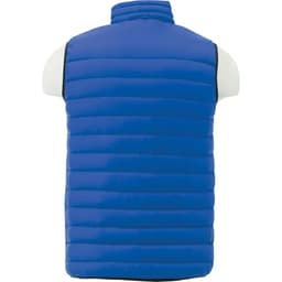 A blue padded men's vest with a high neck, featuring a logo on the back.