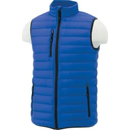 A blue men's down vest with a high collar and zippered pockets, displayed on a mannequin.
