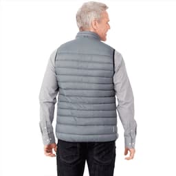 A grey down vest with a quilted design, featuring a high collar and back view of a male model.