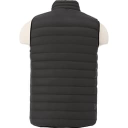 A dark grey men's down vest with a low collar and a quilted design displayed on a mannequin. Features a logo.